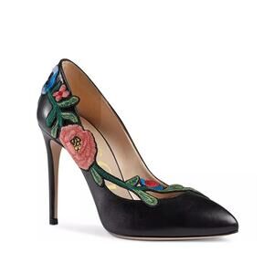 Gucci Ophelia Embroidered Heel Pumps Black 38